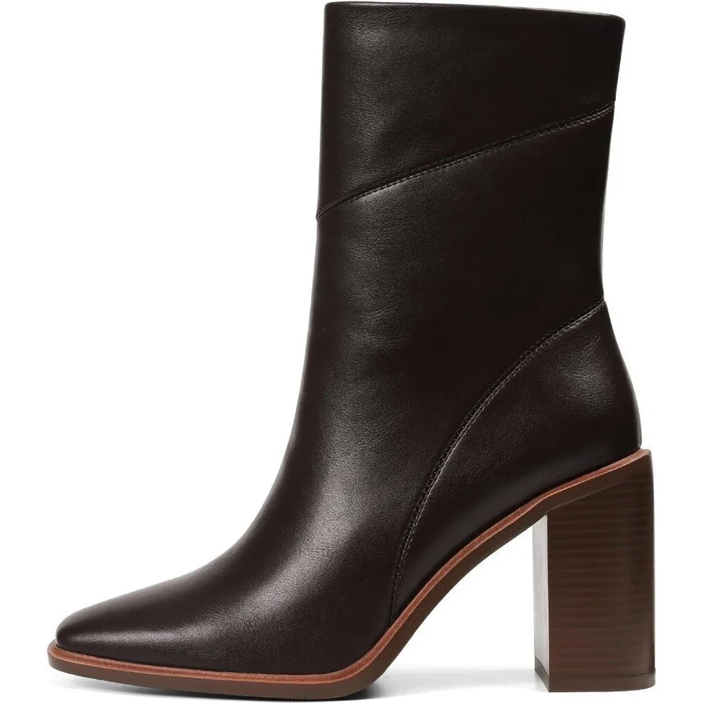 Women's Brown Ankle Boots Chunky Heel Square Toe Side Zipper Casual Booties